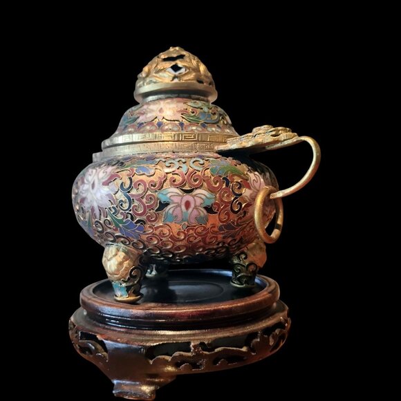 Vtg Large Chinese Cloisonné Brass Incense Burner Wood Stand Champleve Enamel - Picture 3 of 16
